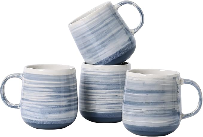 Coffee Mugs, Set of 4 Ceramic Mugs with Blue and White Gradient Stripes, 12oz Modern Cups with Comfortable Handle - Dishwasher & Microwave Safe, Design for Home, Office, Daily Use by ALOFMO