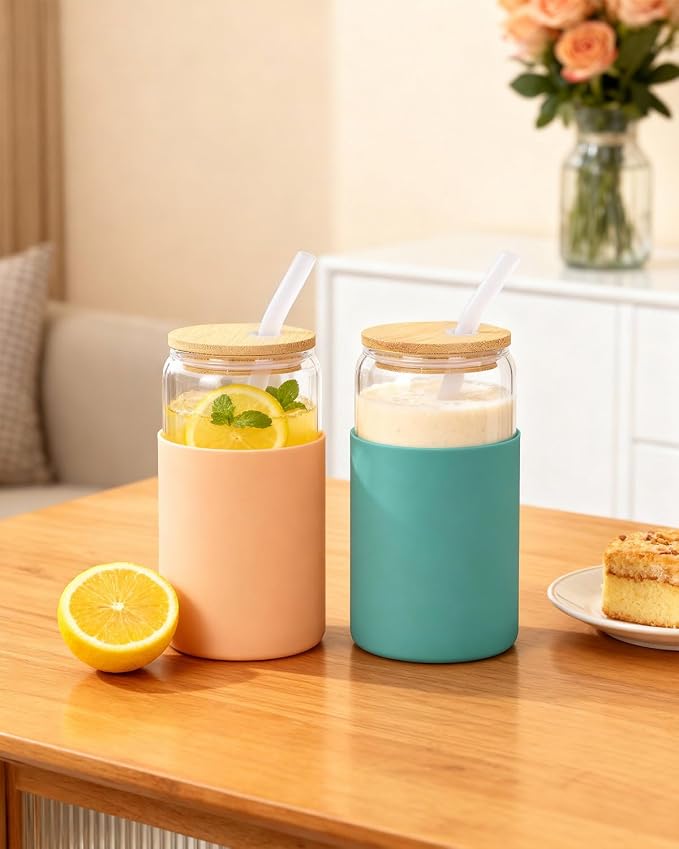 Glass Cups with Lids and Straws, 2 Pack 16OZ Iced Coffee Cups with Silicone Sleeve, Glass Tumbler with Straw and Bamboo Lid, Home Essential Drinking Set for Juice, Cocktail and Latte Khaki&Green - Image 3