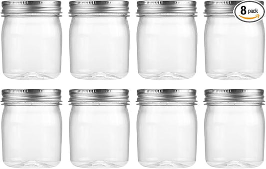 novelinks 8 oz Plastic Mason Jars and Clear Plastic Jars with Lids 8 oz | 8 Pack, Silver, Plastic Containers with Lids, Small Mason Jars, Clear Jars Bulk, Spice Jars, Slime Jars, Mini Jars by novelinks
