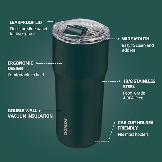 BJPKPK 24 oz Coffee Tumbler, Insulated Stainless Steel Travel Cup | Double Wall Vacuum, Leak Proof Lid, Keeps Hot/Cold/Iced, BPA Free, Dishwasher Safe, Cupholder, Dark Green - Image 2