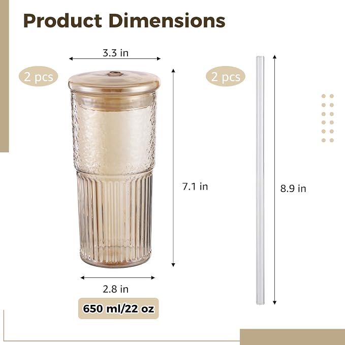 2 Pcs Ribbed Glass Tumblers, 22 oz Amber Cups with Lids and Straws, Borosilicate Glassware Set, Reusable Beverage Bottle for Iced Coffee, Smoothies, Water, Hot and Cold Drinks, 7.1 x 2.8 in - Image 3