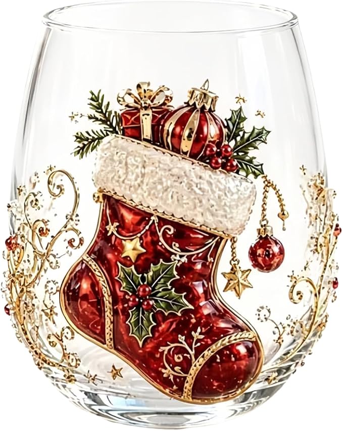 Christmas 3D Raised Glass Cup, Stemless Santa Wine Glass, Luxury Holiday Glassware for Coffee Tea Juice Milk Drinks by Unknown
