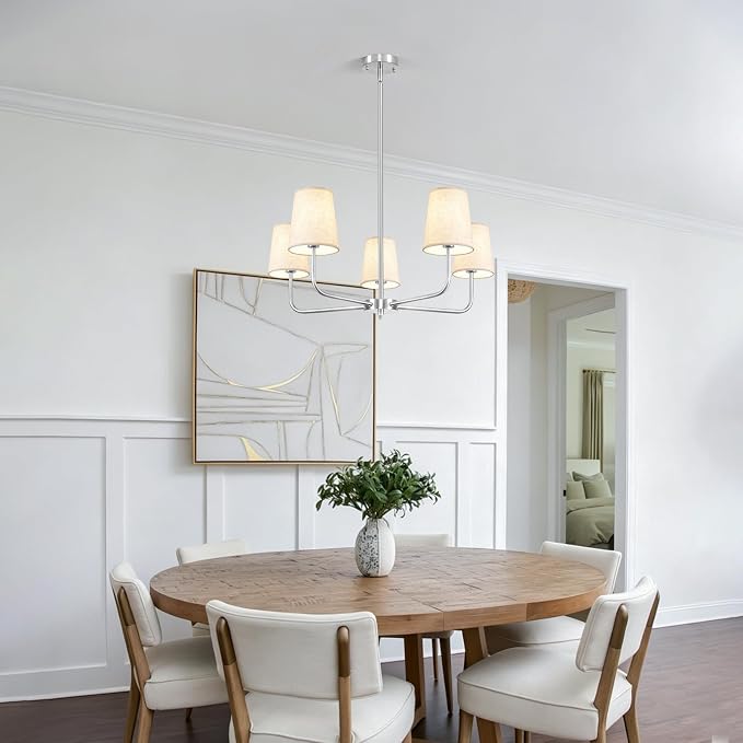 5 Light Brushed Nickel Chandelier, 28" Modern Farmhouse Ceiling Light Fixture with Fabric Shade, Pre-Wired Thicker Arm Pendant Lights for Dining Room Kitchen Island Over Table Entryway Foyer - Image 2