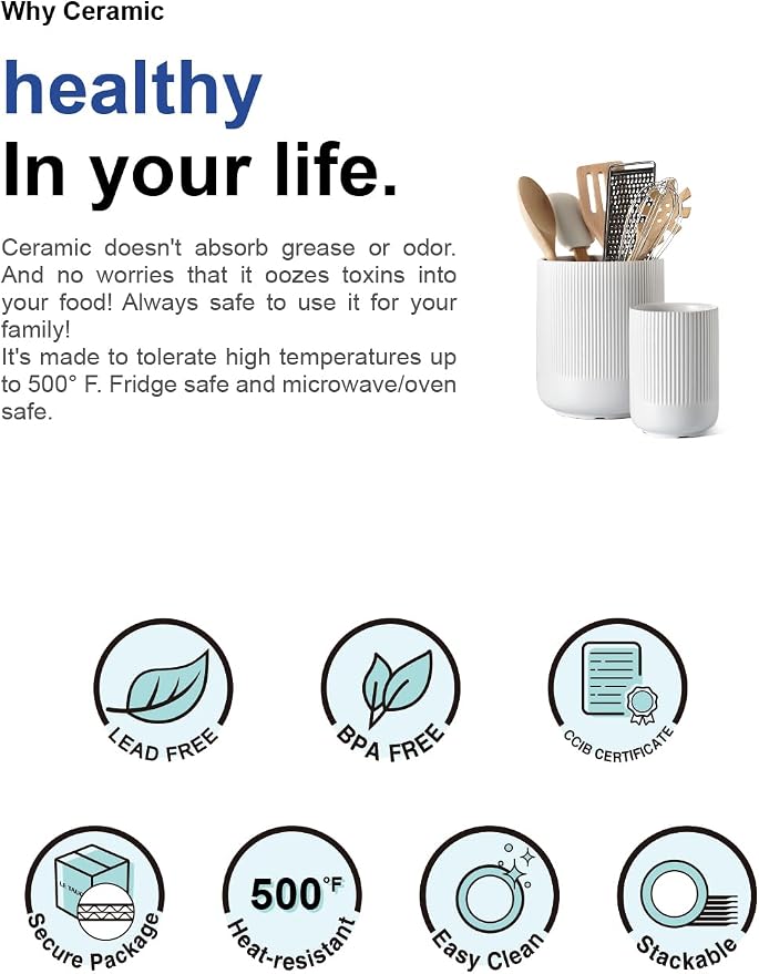 LE TAUCI Utensil Holder for Kitchen Counter, 7.3"+5.4" Fluted Ceramic Utensil Crock Organizer for Countertop, Heavy Large Holder for Spatulas, Spoons, Set of 2, White, Kitchen Counter Decor - Image 7