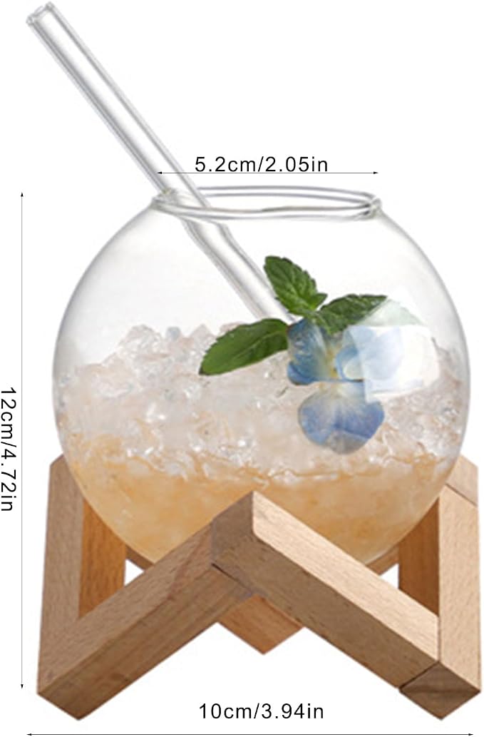 Drink Cup Cocktails Mug Glassware Juices Tumblers Creative Ronud Ball Glass Cup with Wood Stand Drinking Glassware Restaurant Cold Drinking Juices Cups - Image 3