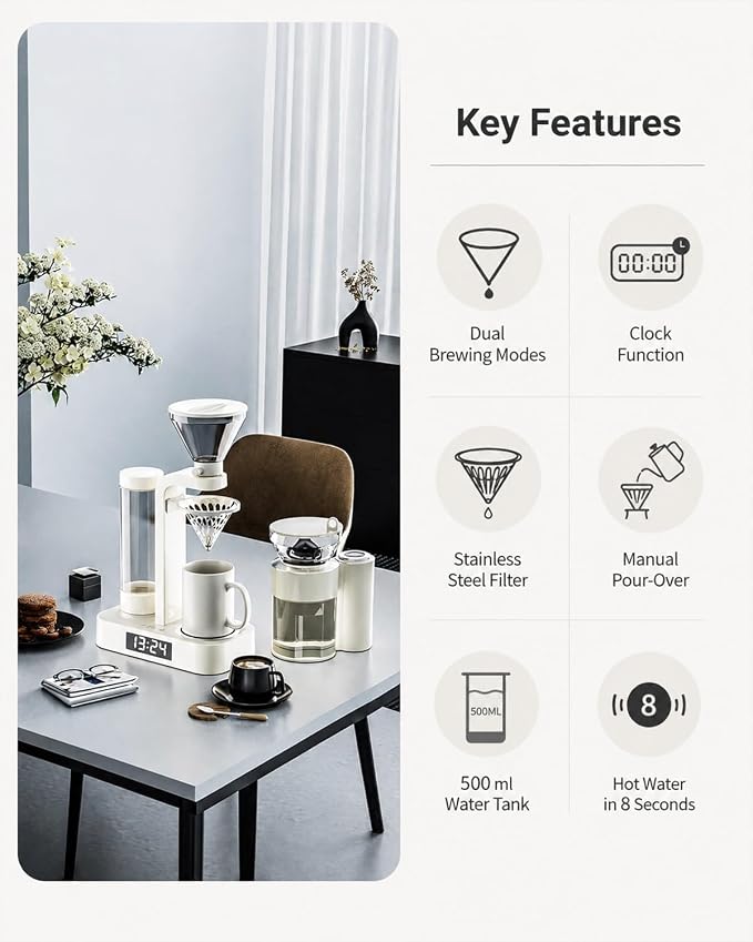 Coffee Alarm Clock Maker Bedside Dual Mode Extractor 500ml Glass Water Tank | Removable Filter Hot Water Dispenser Brewer Timer Brewed Delay Drip Pot Tea Filter Paper Ceramic Cup - Image 2