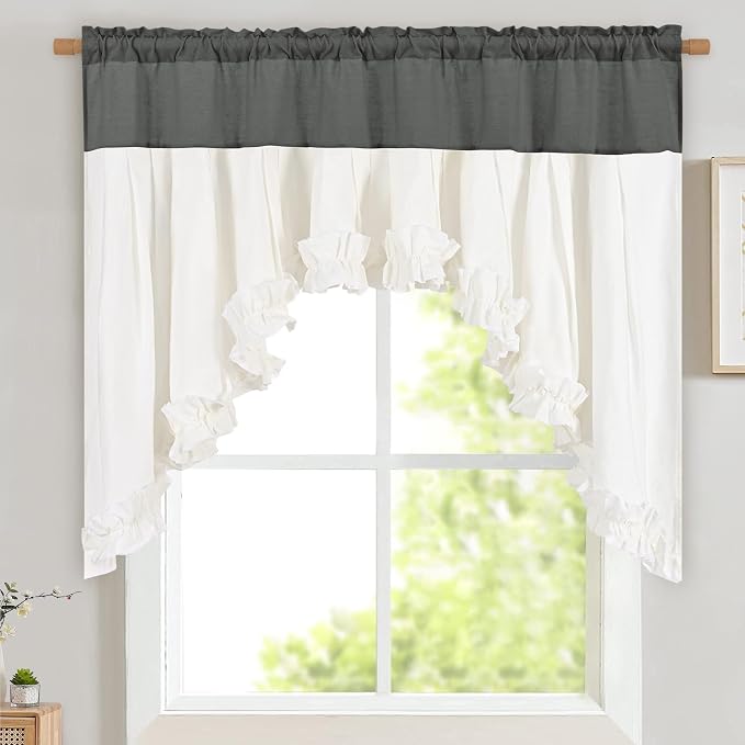 Likiyol Linen Valances for Windows Farmhouse Ruffle Swag Valance Rustic Country Window Valances Light Filtering Kitchen Curtains Rod Pocket Valance Curtains for Bathroom Cafe, Grey White, 60"W x 36"L by Likiyol