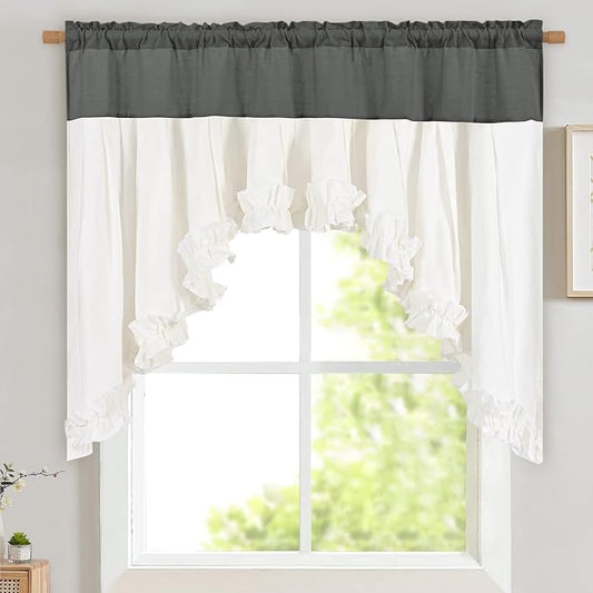Likiyol Linen Valances for Windows Farmhouse Ruffle Swag Valance Rustic Country Window Valances Light Filtering Kitchen Curtains Rod Pocket Valance Curtains for Bathroom Cafe, Grey White, 60"W x 36"L by Likiyol