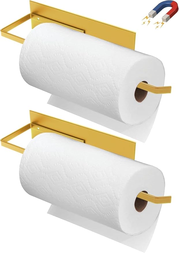 Paper Towel Holder Gold, Magnetic Paper Towel Holder for Fridge, Toilet Paper Roll Holder Magnet Paper Towel Rack Wall Mount Fridge Organizer for Golden Bathroom Kitchen Dorm Room RV Essentials, 2Pack by SeropyDirect