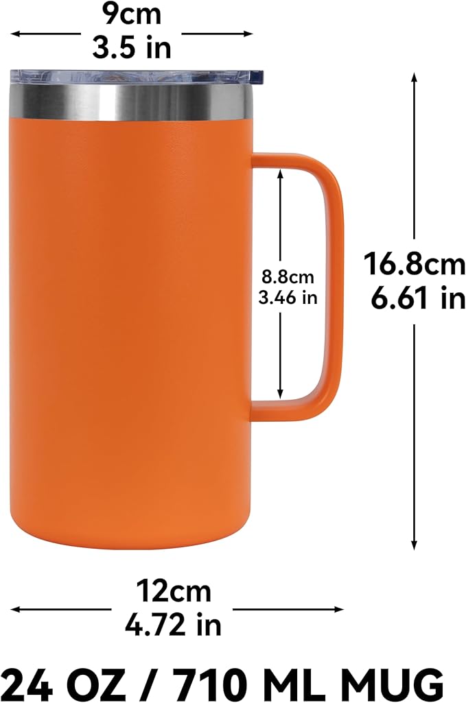 DOMICARE 24oz Mug with Handle and Lid, Stainless Steel Coffee Mug, Reusable Insulated Cup, Travel Mug with Handle, Double Wall Vacuum Coffee Tumbler for Men and Women, Orange, Pack 1 - Image 4