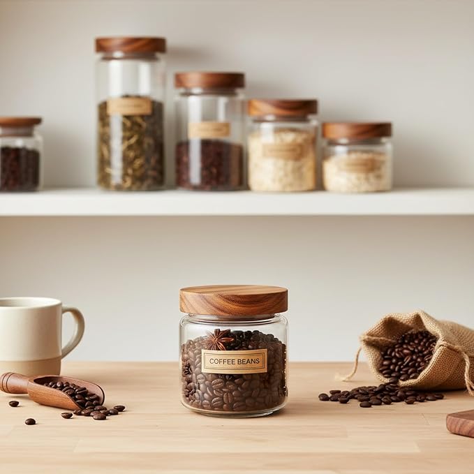Clear Glass Storage Jars with Acacia Wood Lids for Pantry Organization - Dry Food Containers for Kitchen Countertops - Image 2