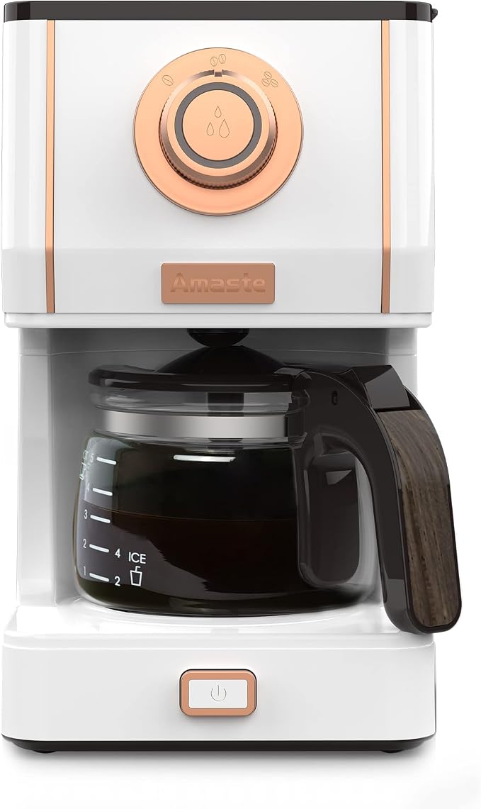 Amaste Retro Style Coffee Machine with 25 Oz Glass Coffee Pot, Reusable Coffee Filter & Three Brewing Modes, Warming Plate, Elegant White with Rose Gold by Amaste