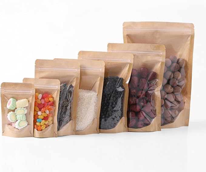 50pcs Kraft Bags With Window Clear Fornt Pouches Resealable Stand Up Zip Lock Food Storage Bags Brown 10"x14" - Image 5