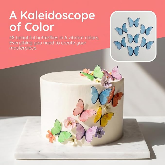 48 Pcs Edible Rice Wafer Paper Butterflies – 6 Colors– Gluten-Free Cake Decorating Toppers for Baking, Cupcakes, Cookies, and Desserts - Image 3