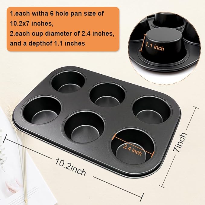6 Packs Premium Steel Muffin Pan for Baking, Round Muffin Baking Pan, Baking Tray for Muffins, Cupcakes, Brownie(Black - Image 3