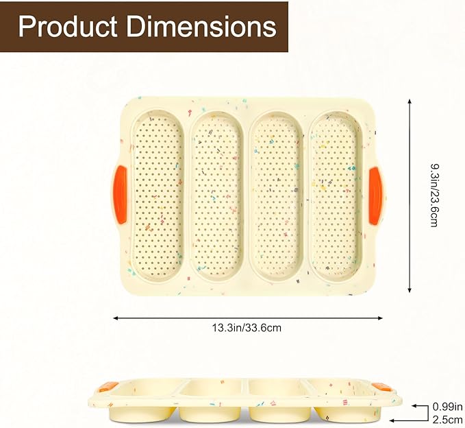 Silicone Bread Loaf Pan, 4-cavity Non-Stick Baguette Bread Pan Heat Resistant Hot Dog Bun Mold, for Sub Roll Baking Pan Bread Pans for Homemade Bread（Beige）
