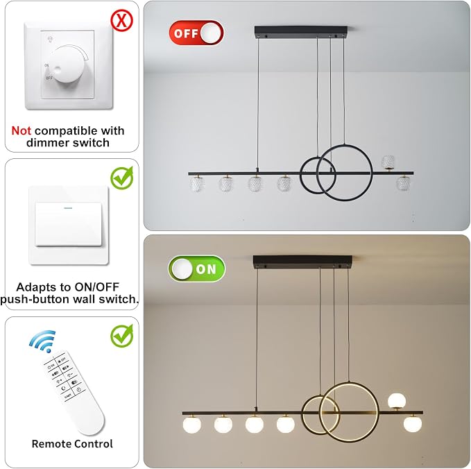 ORANOOR Modern Black Gold Chandeliers, 47inch Dimmable LED Pendant Light | Linear LED Chandelier for Dining Room Kitchen Island, Upgraded 6 Globe Hanging Pendant Chandeliers Lighting (2 Rings, 4200lm) - Image 7