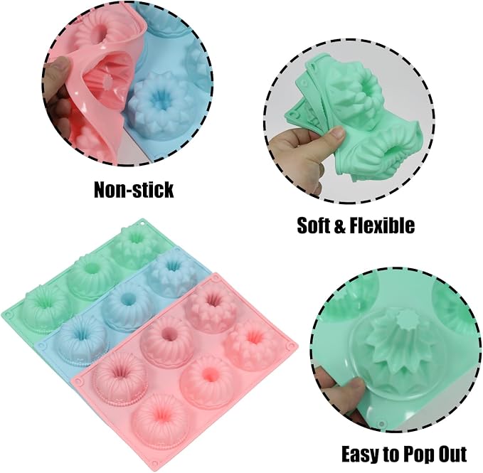 3 Pcs Mini Fluted Tube Cake Pan, 6-Cavity Silicone Non-Stick Small Cake Baking Mold for Cupcakes Cornbread Brownies Donuts Jello(Style3) - Image 3