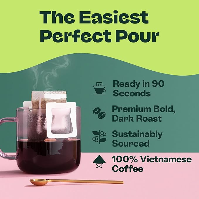 Copper Cow Coffee Premium Pour Over Single-Serve Vietnamese Coffee Pouches (16 pack) | Churro | Dark Roast | Flavored with Real Cinnamon | Convenient Vietnamese Ground Coffee Packets, Travel Friendly