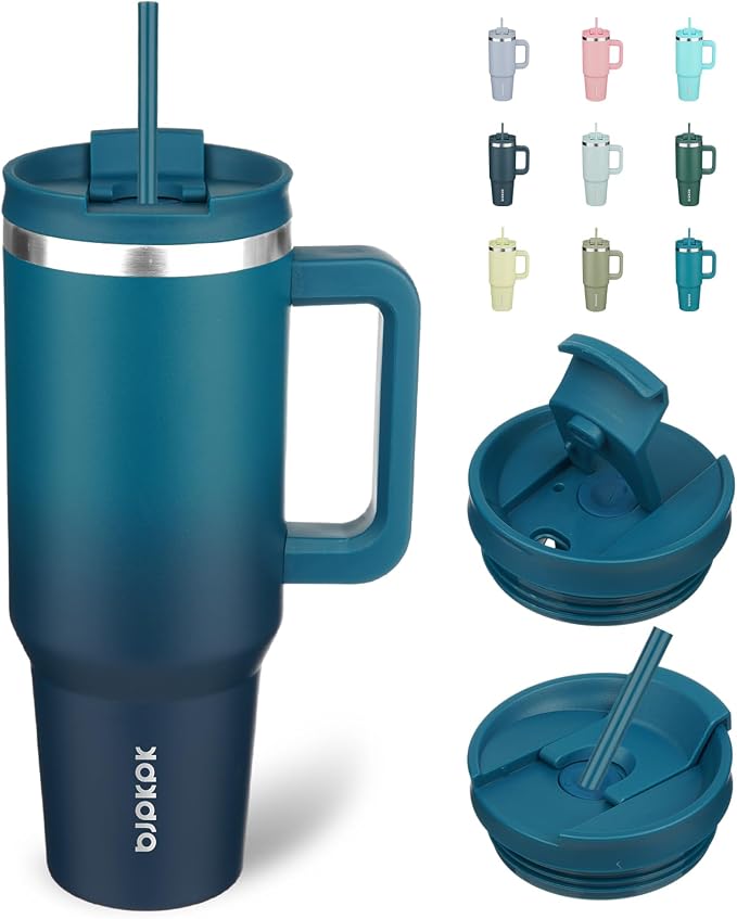 BJPKPK 40 oz Insulated Tumbler with Handle & Straw, Stainless Steel | Double Wall Vacuum Insulation, Leak Proof, BPA Free, Dishwasher Safe, Cupholder Friendly, Travel & Outdoor, Indigo Black by BJPKPK