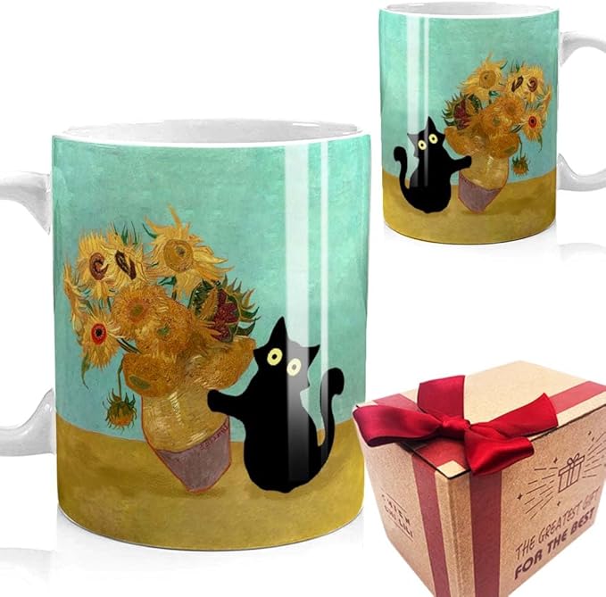 Famous Art Paintings Funny Cat Coffee Mug for Artist Art Lover Teacher Cat Lovers, Famous Picture Classic Vincent Aesthetic Canvas Mug Birthday Gift for Women Man (Black Cat Sunflower) by SUUURA-OO