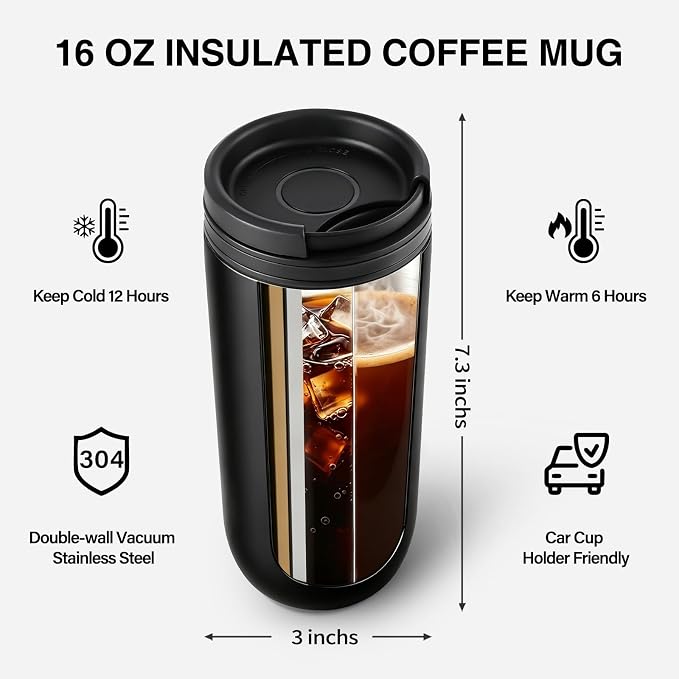 16 oz Travel Coffee Mug with Twist-Open Lid, Leak Proof Coffee Travel Mug, Insulated Tumbler Stainless Steel Coffee Cup For Hot And Iced Cold, Spill Proof Fits Cup Holder (Black) - Image 6