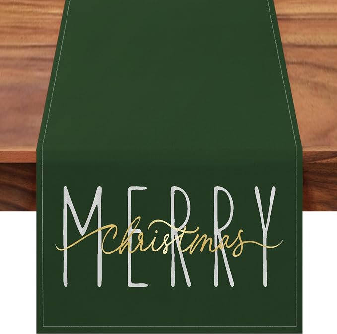 ONWAY Merry Christmas Gold Table Runner Winter Xmas Holiday Kitchen Dining Farmhouse Table Decor for Indoor Outdoor Home Party Decorations 13x72 Inch Green by ONWAY