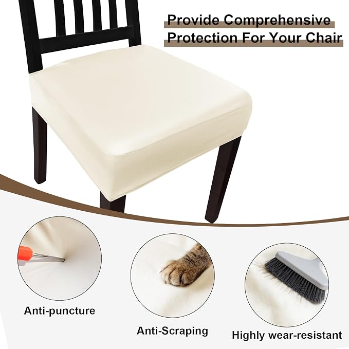 Waterproof Pu Leather Seat Covers for Dining Room Chairs Set of 6,Soft Chairs Seat Slipcovers,Dining Chair Cover Removable Washable Chair Protector Cover Stretch Kitchen Chair Covers - Image 3