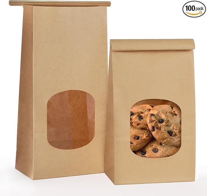 100 Pack Bakery Bags with Window, 3.9x2.3x8 Inches Tin Tie Tab Paper Cookie Bags Brown Small Gift Bag for Packaging Popcorn, Trail Mix, Treats, Snacks, Baked Goods, Party Favors | Grease Resistant by Foranda