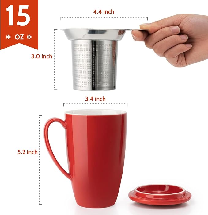Sweese 15 OZ Porcelain Tea Mug with Infuser and Lid, Loose Leaf Tea Cup, Gifts for Tea Lover, Red - Image 2