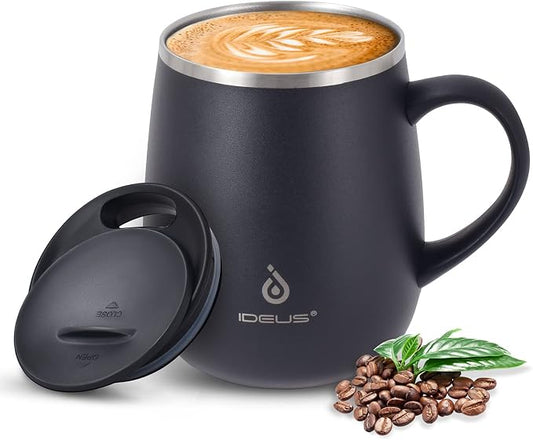 Ideus 16 oz Insulated Coffee Mug with Handle and Lid, Double Wall Stainless Steel Vacuum Thermal Coffee Mug, Travel Coffee Cup Thermal Cup for Home and Office, Storm Black by IDEUS