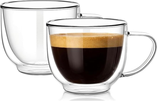 Double Wall Glass Coffee Mugs with Handle, 7.4 oz (220ml) Clear Insulated Espresso Cups for Cappuccino, Latte, Hot Tea & Cold Drinks, Microwave Safe Borosilicate Glassware, Set of 2 (6oz(2-pack)) by Unknown