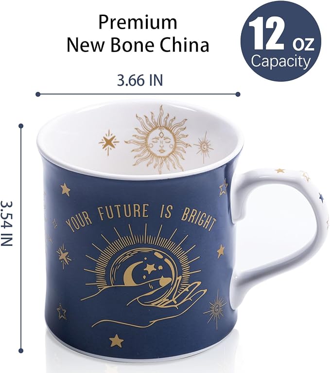 Blue Celestial Coffee Mug, "Your Future is Bright" Inspirational Theme Ceramic Mug, 12 oz New Bone China Mug with Tarot Symbols of Sun, Moon & Stars, Designed in England by Harvest Green Studio - Image 3