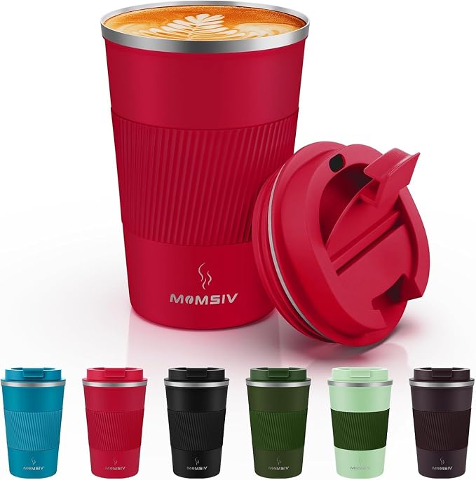 MOMSIV 12oz Travel Mug, Insulated Coffee Cup with Leakproof Lid, Vacuum Stainless Steel Double Walled Reusable Tumbler for Hot and Cold Water Coffee and Tea | 6-Hour Heat Retention, 360°Leak proof, Vacuum Stainless Steel Double Walled, BPA-free, Reusab... by MOMSIV