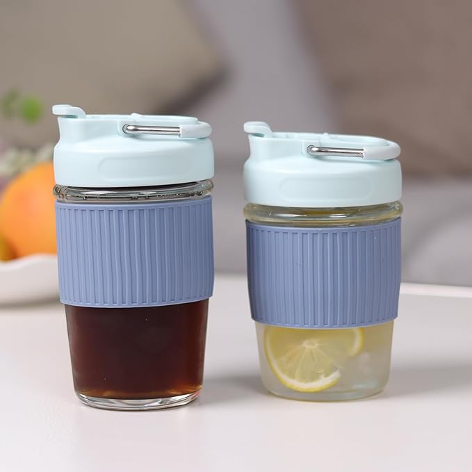 Sivaphe Reusable Glass Ice Hot Coffee Cup 16 oz, Portable Travel Mug with Spill-Proof Lid and Thermal Sleeve for Home Office Black