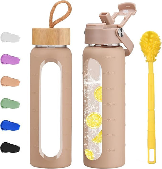 24 oz Glass Water Bottle with 2 Lids-Handle Straw Lid & Bamboo Lid,1 Liter Motivataional Tumbler Water Bottle Time Marker, Borosilicate Glass Water Bottles With Silicone Sleeve, Leakproof