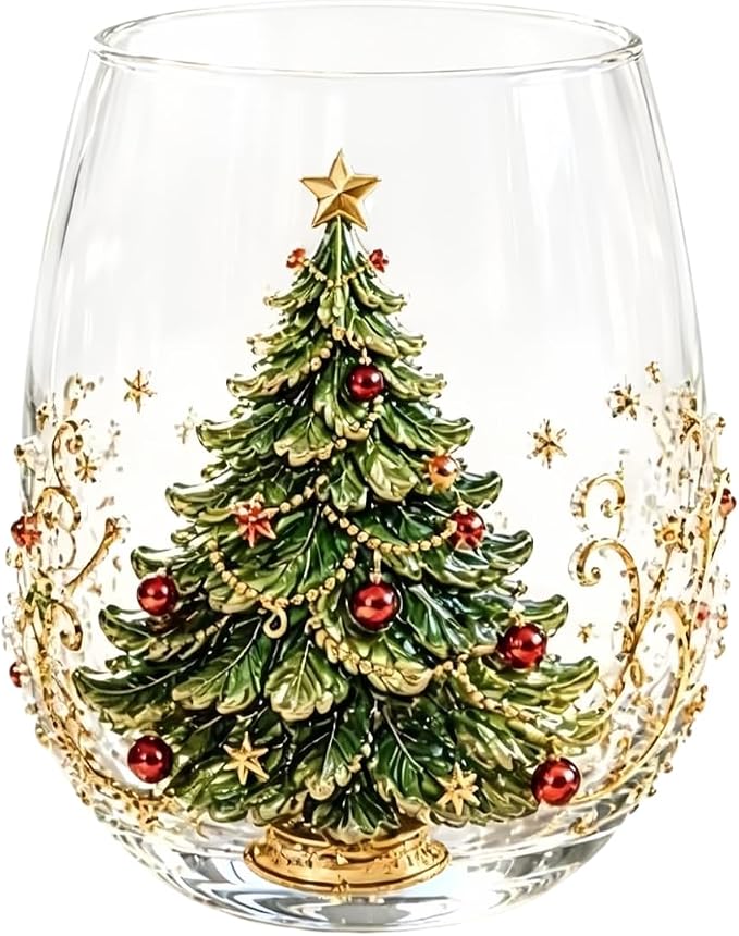 Christmas 3D Raised Glass Cup, Stemless Santa Wine Glass, Luxury Holiday Glassware for Coffee Tea Juice Milk Drinks by Unknown