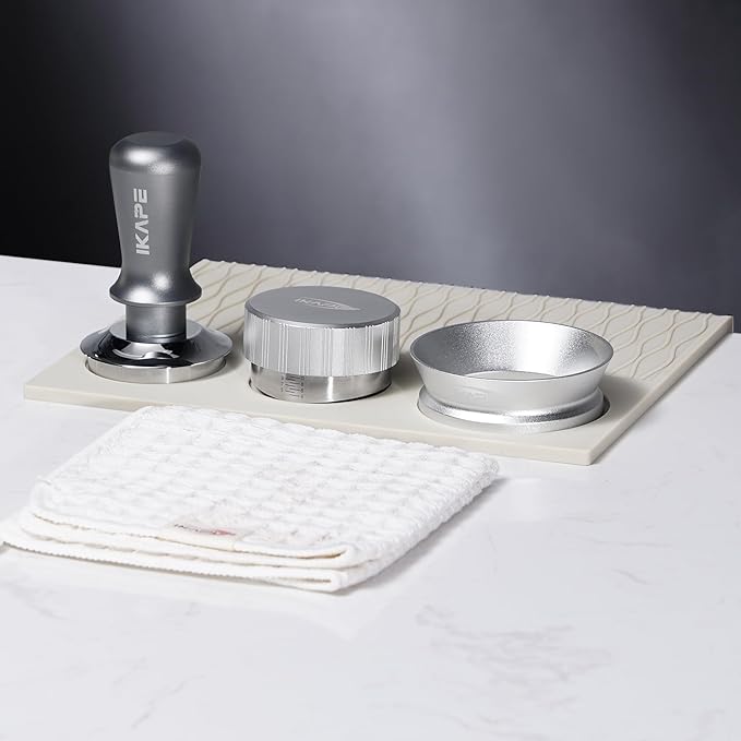IKAPE 58mm Espresso Tamper Kit 6 IN 1 Silver, Coffee Tamper Set with Tamper, Distributor, Magnetic Funnel, Silicone Mat, Puck Screen, and Cleaning Towel for the Perfect Shot