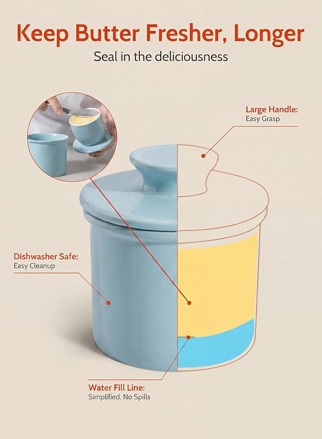 Sweese Counter with Water Line for Fresh Spreadable Butter - French Butter Keeper with Lid - Housewarming Gift For The One Who Has It All - Bluish Grey - Image 8