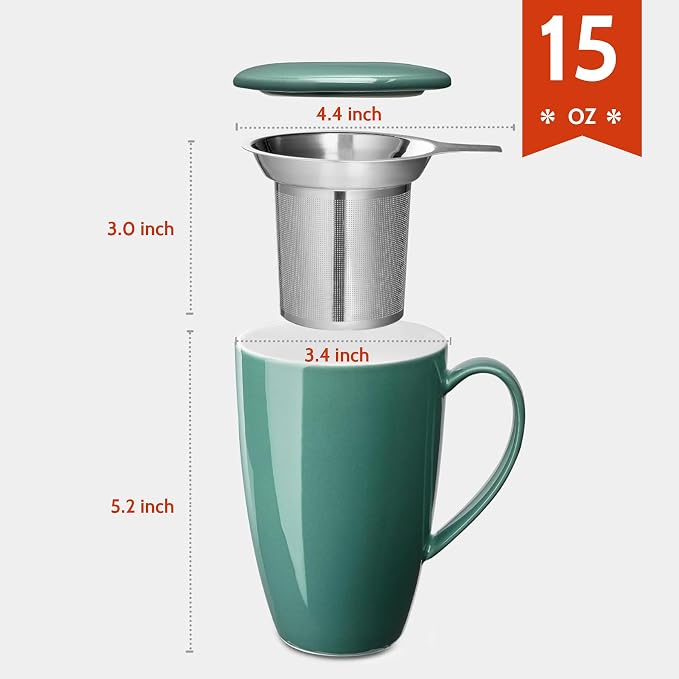 Sweese 15 OZ Porcelain Tea Mug with Infuser and Lid, Loose Leaf Tea Cup, Gifts for Tea Lover, Sage Green - Image 2