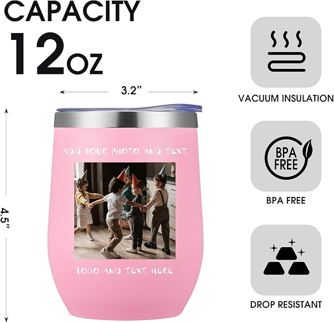 24 Pack Personalized Wine Tumbler,12oz Custom Stainless Steel Coffee Mug,Tumblers with Lids,Customizable with Picture and Names Engraving,Suitable for Woman,Men,Families and Travel