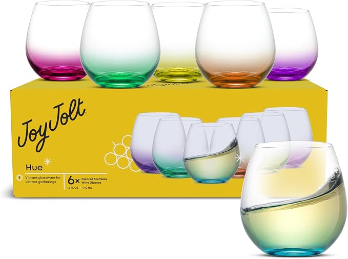 JoyJolt Hue Stemless Wine Glass Set, Large 15 oz Stemless Wine Glasses Set of 6 for White Red or Water, Short Glass Tumblers, No Stem Margarita Glasses, Colored Tumbler - Image 8
