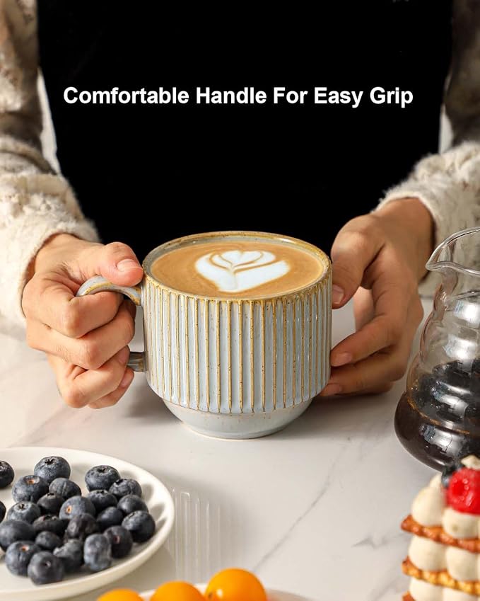 HASENSE Coffee Mug Ceramic Set of 4 with Stand - 15 oz Rustic Farmhouse Stackable Ribbed Latte Cup Set for Cappuccino, Tea, Hot Cocoa, Drinks - Dishwasher & Microwave Safe, Lavender Gray - Image 6
