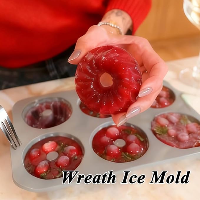 Wreath Ice Mold, 2026 New Christmas Wreath Ice Mold, 6 Hole Silicone DIY Mold, Flexible Silicone Mold for Wreath Ice Cubes, Donuts, Soap & Chocolate, Easy Release (Type-A+Type-B)