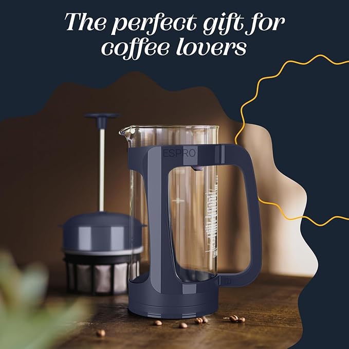 ESPRO P3 French Press Coffee Maker – Patented Double Micro-Filter for Grit-Free Brew, Heat Resistant thicker Borosilicate Glass Coffee press – Blue (32 oz)