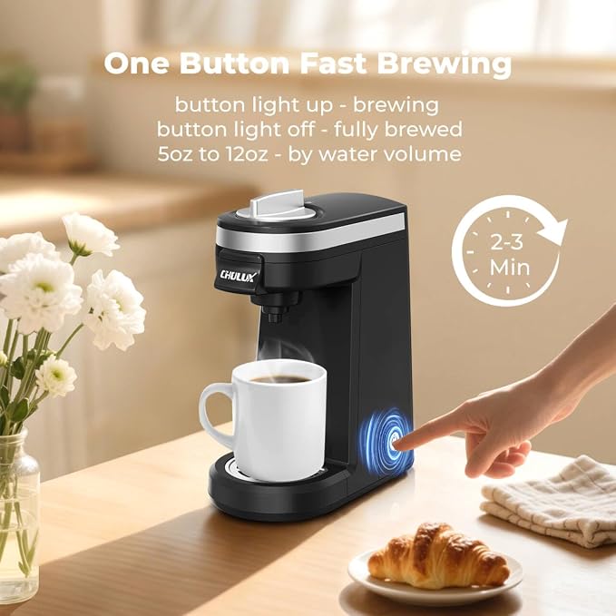 CHULUX Mini Single Serve Coffee Maker for K Pod, Brew Up to 12oz Cup, Black | Fast-Heating Boiler System, Single Cup Brewing, Portable Compact Design, Four-Hole Multi-Stream Needle, Adjustable Drip Tray - Image 4
