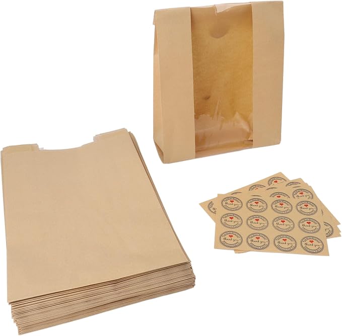 Yosoo 50PCS Bread Bags with Transparent Window Kraft Paper Baked Food Packaging Storage Bags for Homemade Bread Pastry Snacks with 60PCS Sealable Labels (Yellow) - Image 8