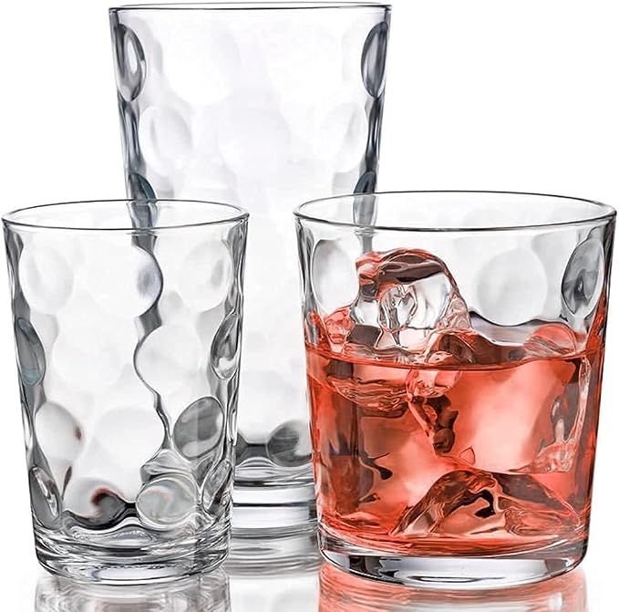 Home Essentials & Beyond Glassware Set 18 Piece Mixed Drinkware Set. 6 Highball Tumblers-17 oz., 6 Rock Whiskey-13 oz., and 6 Juice-7 oz. All Size Glass Cups Drinking Glasses. (Design on Inner Glass) by Glavers