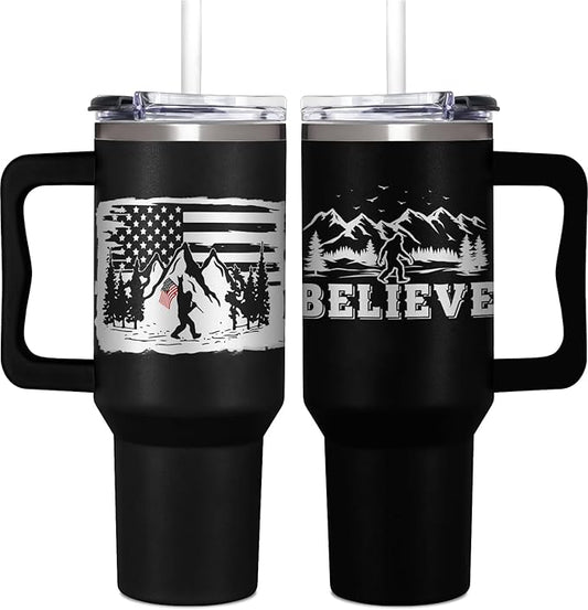 Bigfoot Gifts for Dad, Kids, Men and Women - 40oz Tumbler with Handle - Cool Big foot Gifts for Cryptid Lovers - Sasquatch Gift, Outdoor Adventure Mug for Camping Enthusiast, Hikers & Nature Lovers