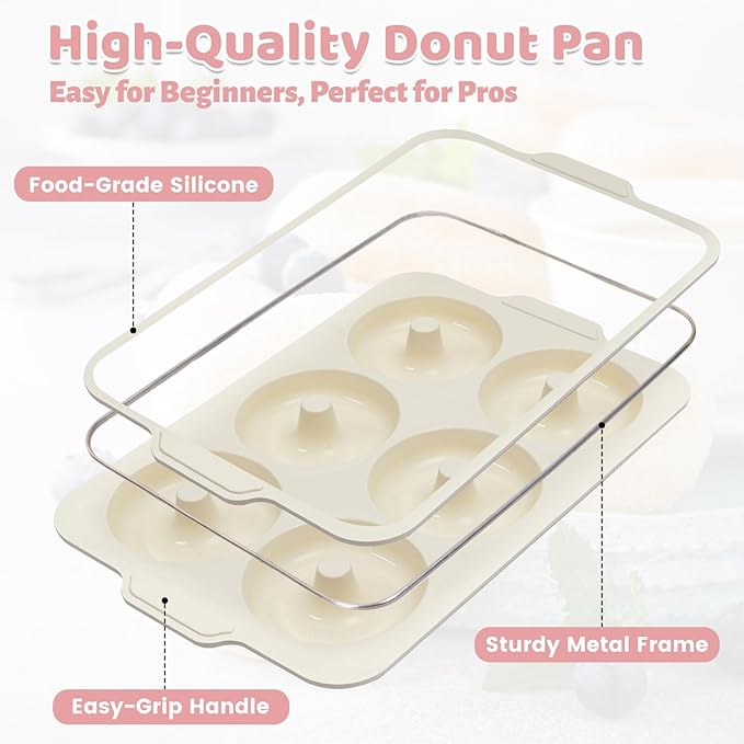 4 Inch Nonstick Silicone Donut Pan for Baking with Metal Frame, 1 Pack Large Donut Molds for Baking, 6 Cavity Doughnut Pan for Oven and Full-size Bagel Trays Non Toxic with Handle, (Beige)